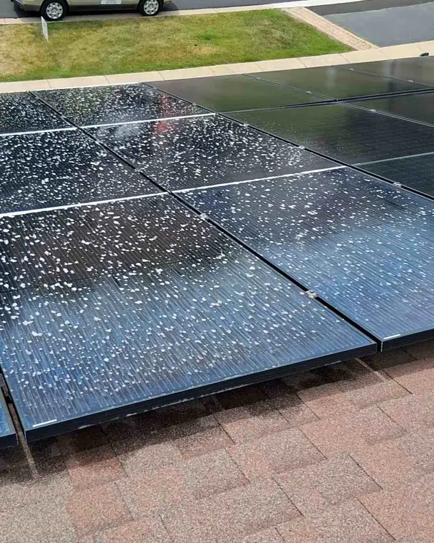 Rooftop solar modules covered in bird debris before cleaning
