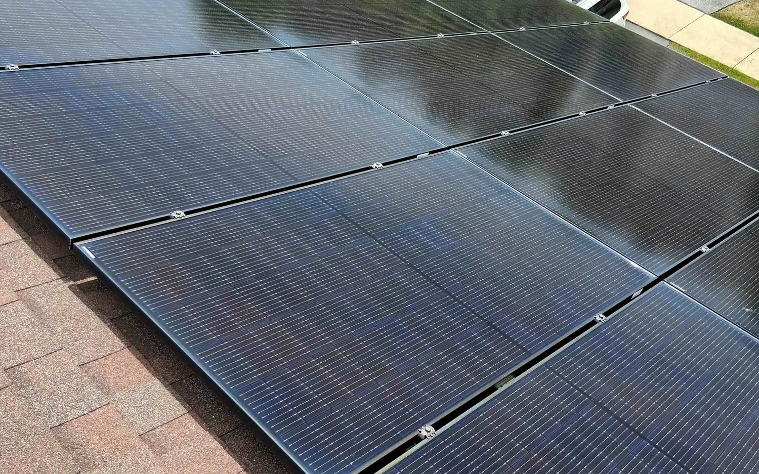 A freshly cleaned rooftop solar array on a home in Lake County, Illinois