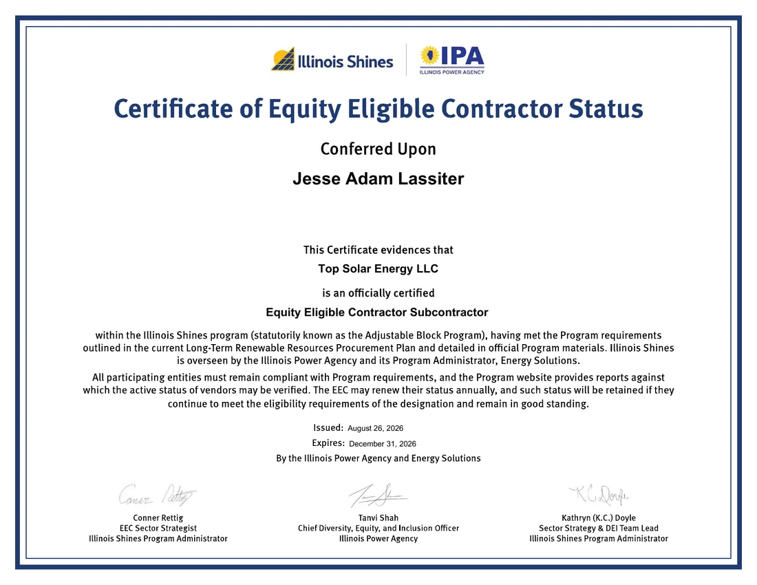 Certificate of Equity Eligible Contractor Status conferred upon Jesse Adam Lassiter of Top Solar Energy LLC, issued August 26, 2026 by the Illinois Power Agency